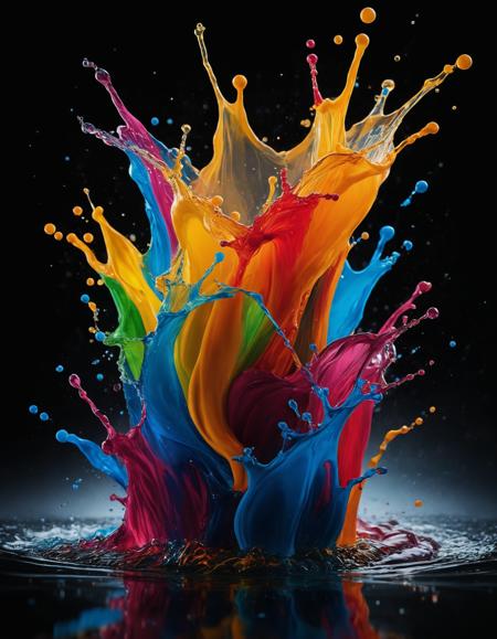 high detailed cinematic photo, breathtaking, splash of colorful liquids, perfect lighting, dark shot