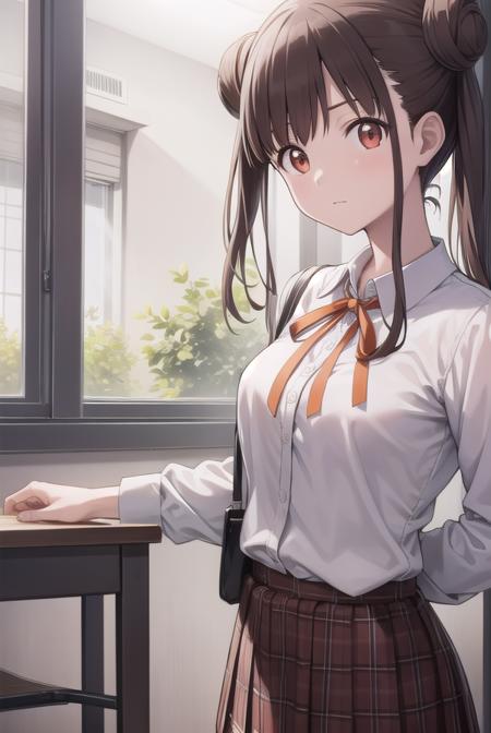 chiyokosonoda, <lyco:chiyokosonoda-lyco-nochekaiser:1>,
chiyoko sonoda, brown hair, (red eyes:1.5), hair bun, long hair, double bun, sidelocks,
BREAK brown skirt, buttons, collared shirt, dress shirt, miniskirt, neck ribbon, plaid, plaid skirt, pleated skirt, ribbon, school uniform, shirt, skirt, white shirt, yellow ribbon,
BREAK indoors, classroom,
BREAK looking at viewer, cowboy shot,
BREAK <lyco:GoodHands-beta2:1>, (masterpiece:1.2), best quality, high resolution, unity 8k wallpaper, (illustration:0.8), (beautiful detailed eyes:1.6), extremely detailed face, perfect lighting, extremely detailed CG, (perfect hands, perfect anatomy),