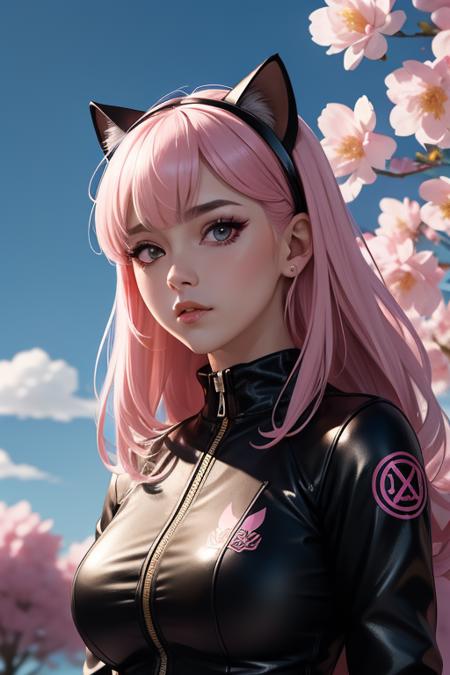 (masterpiece, best quality, absurdres:1.2), (in the style of Ilya Kuvshinov:1.4), pink long hairstyle, mature woman, beautiful detailed eyes, cyberpunk outfit, cat ears, looking at the viewer, colorful, beautiful background, beautiful cloud, flowers, dynamic lighting, shadow detailed, highly detailed, anime style, oil painting, speed art,