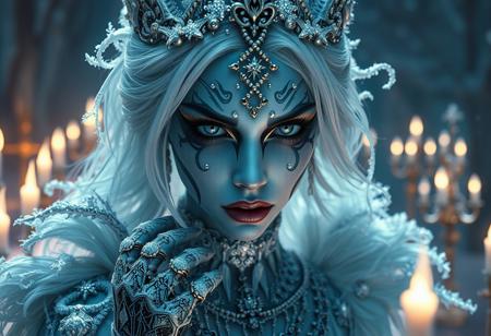 UHD Hyperrealistic (ice princess: 1.1), eerie ambiance, heavy gothic makeup, intricate details, fantasy horror concept, dark fairytale wonderland background, white and gold color palette, frost-covered elements, haunting atmosphere, sharp contrasts, deep shadows, photorealistic, ultra-detailed, enchanting yet sinister vibes, mesmerizing visual storytelling.