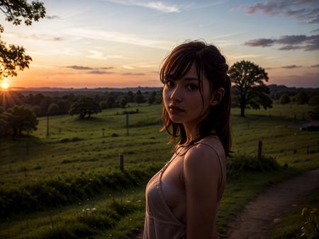 (best quality, masterpiece:1.2),ultra detailed,(photo realistic:1.4),forest_girl_v2,<lora:ForestGirl_v2:0.5>,sunset_scenery_background,<lora:SunsetScenery_v1:0.65>,upper body,