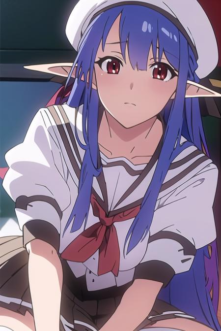 shufflenerine, <lora:nerinetest:1>,
nerine, long hair, blue hair, pointy ears, (red eyes:1.5),
BREAK skirt, hat, school uniform, short sleeves, socks, puffy sleeves, puffy short sleeves, beret,
BREAK looking at viewer,
BREAK indoors, classroom, 
BREAK <lora:GoodHands-vanilla:1>, (masterpiece:1.2), best quality, high resolution, unity 8k wallpaper, (illustration:0.8), (beautiful detailed eyes:1.6), extremely detailed face, perfect lighting, extremely detailed CG, (perfect hands, perfect anatomy),