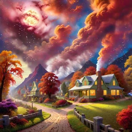 photo realistic, hyper detailed 8k Thomas Kinkade Style village with a large Thomas Cole Style landscape in   Style-Autumn with a sky like a nebula