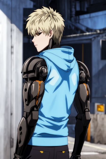 (masterpiece, best quality:1.4), colorful, high contrast, genos <lora:ironcatlora6GenosOne_v10:0.8>, hoodie, sleeveless, black pants, mechanical arms, upper body, from behind, looking back