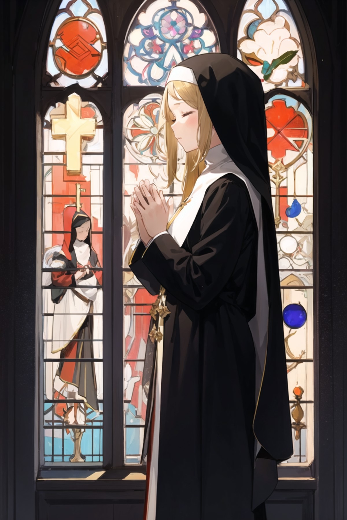 1girl, long hair, praying, nun, church, habit, perspective, closed eyes, (stained glass:0.5), standing, side view