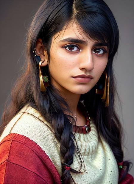 portrait of skswoman, pained , wearing sweater , with dark red Wispy bangs , background roman city epic (photo, studio lighting, hard light, sony a7, 50 mm, matte skin, pores, colors, hyperdetailed, hyperrealistic), <lyco:Priya Prakash Varrier:1.1>