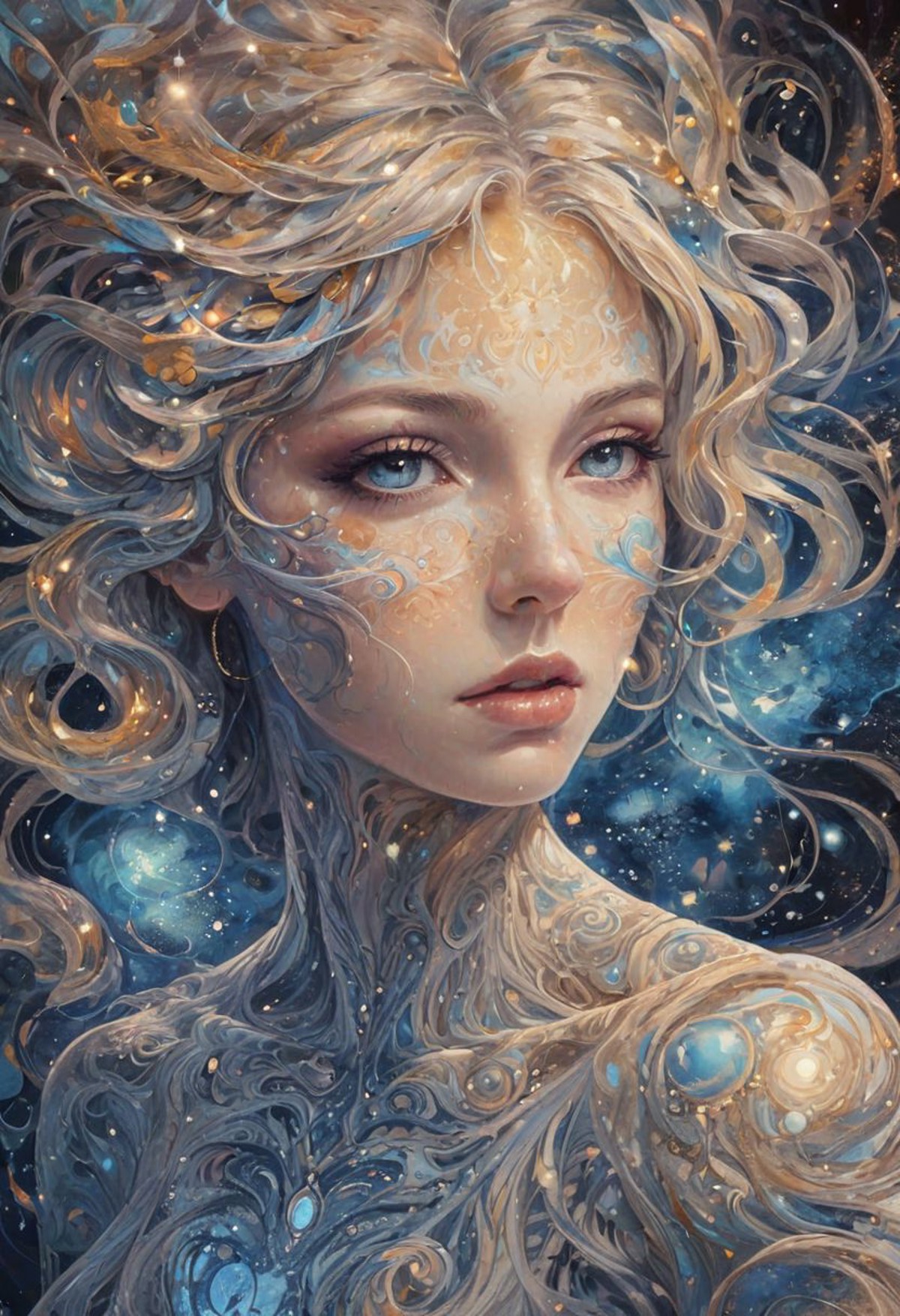 celestial being woman's portrait with dark blue eyes, swirling galaxies, nebulae, intricate cosmic details, cosmic eyes, v...