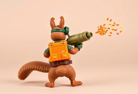 1990s-style action figure toy of an anthropomorphic squirrel dressed as a forest-themed nut defender superhero. The squirrel wears an orange utility vest, forest camo gloves, and goggles, holding a walnut-shell cannon that fires acorn projectiles and confetti nutrient bursts. Stylized accessories mini pumpkin grenades, and a belt of seeds. Bright colors, nostalgic aesthetic, detailed toy design, whimsical and heroic style, bold comic-book shading. Clean background. (No text). Rear view. 4:5 aspect ratio --v 5 --style 90s --ar 4:5