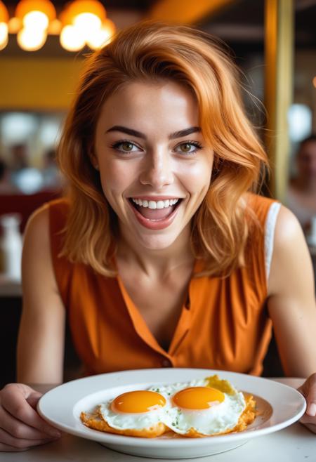 Leica portrait of a lovely young 1960s woman at a diner with a plate of fried eggs in front of her, laughing hysterically with a wrinkled nose, orange hair and a brown dress, hazel eyes, wearing period fashion, slim waist, uhd image, period snapshot, vivid colors