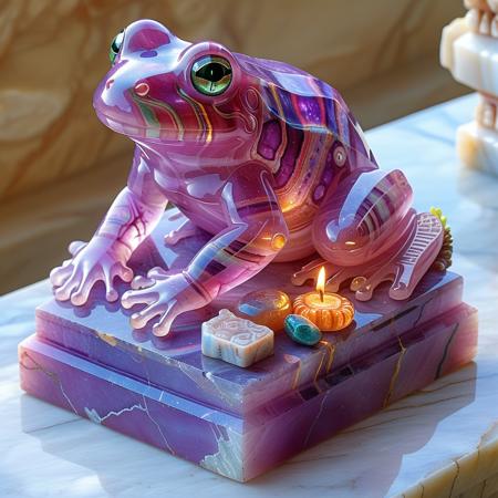 Psychedelic style  <lora:Fluorite_Mineral_SDXL:1> fluorite mineral, iridiscent, flu0rite, a marble prosperity frog resting on an altar filled with offerings.  The statue glowing with a  mystical mysterious glow.   <lora:Marble&stone statues-sdxl1.0:1> statpl . Vibrant colors, swirling patterns, abstract forms, surreal, trippy