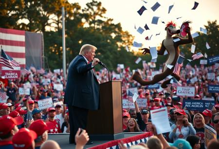 Donald Trump standing on stage at a lively political rally in Alabama, with the iconic Tasmanian Devil from cartoons beside him. The rally is packed with a large, energized crowd waving American flags, many wearing red ‘Make America Great Again’ hats. The stage is surrounded by large banners and signs with bold political slogans, while the Tasmanian Devil spins wildly, causing papers and flags to fly around. Trump, with his signature gesture, is delivering a speech, while the crowd cheers, a mix of excitement and chaos unfolding as the cartoon character creates havoc nearby. The setting is a classic Southern backdrop with tall trees, and the golden evening light casting a glow over the scene.