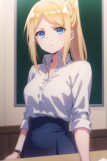 clairethomas, <lora:claire thomas anime s1-lora-nochekaiser:1>,
claire thomas, long hair, blue eyes, blonde hair, ponytail, scrunchie,
BREAK skirt, shirt, school uniform, white shirt, plaid, plaid skirt,
BREAK indoors, classroom,
BREAK looking at viewer,
BREAK <lyco:GoodHands-beta2:1>, (masterpiece:1.2), best quality, high resolution, unity 8k wallpaper, (illustration:0.8), (beautiful detailed eyes:1.6), extremely detailed face, perfect lighting, extremely detailed CG, (perfect hands, perfect anatomy),