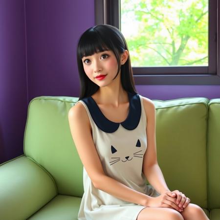 A young woman sitting from side, slightly leaning forward with her hands placed beside her on a large light green sofa. She has brown eyes, straight, long black hair with blunt bangs and fair skin. Her expression is calm and slightly contemplative, looking to the side with a gentle closed-mouth smile. Her lips are painted a soft red and her body is slim with small breasts. She is wearing a sleeveless, light cream-colored dress with a dark blue collar and a cat-like face print on the chest. The dress has a simple, relaxed fit, and the fabric appears soft and smooth. The background features a purple wall and a window through which bright, green, leafy trees are visible, suggesting a serene outdoor scene. The window is framed in dark purple, and the sunlight streaming through it creates a warm, inviting atmosphere. The sofa is positioned in front of the window.