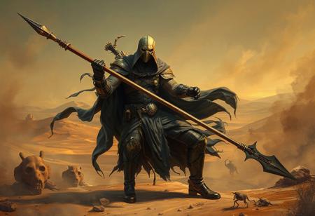 "Create a high-quality, dynamic pose full body illustration of a heroic challenger, Night Watchman, in a grimdark hospital setting. Incorporate Doom Eternal elements and rusty, old details. The character should hold a spear, and only the head should be in sharp focus. Implement the golden ratio for an appealing composition. Set against a desert background, with chimeric elements inspired by Lauryn Hill and the Land of Oz. Use 8K resolution, digital painting techniques, and aim for a highly detailed, elegant design, showcasing the character's sexier side. Make it trendy on ArtStation, like art by Artgerm, Greg Rutkowski, and Alphonse Mucha."