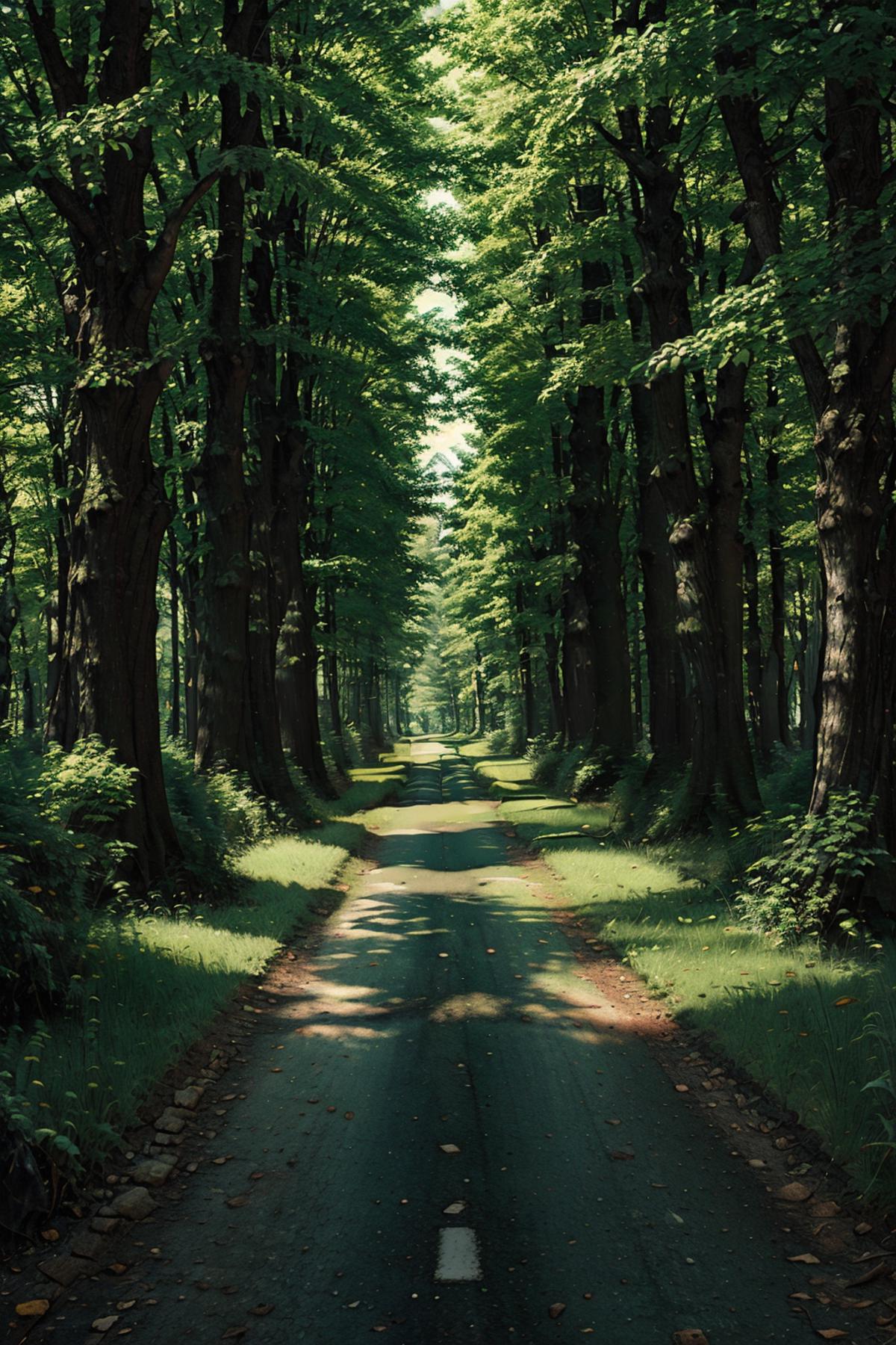 A tree-lined road in a lush green forest.