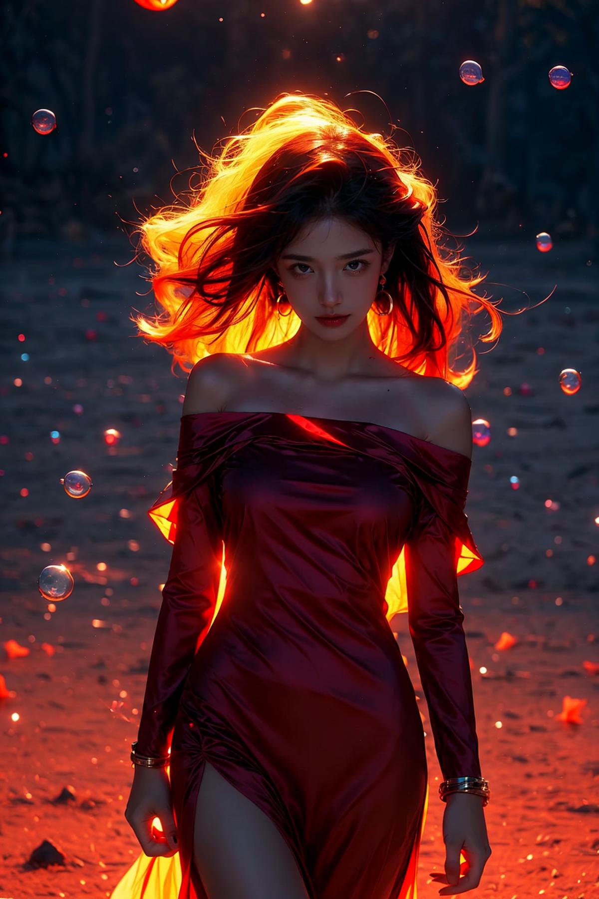 A woman in a red dress with her hair blowing in the wind.