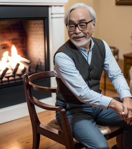 (A medium photo of  gongqijun,oldman),wearing(brown vest.babyblue shirt),sitting on chair,(hug a cat),indoor,fireplace in background,(masterpiece) (photorealistic:1.2) (bokeh) (best quality) (detailed skin) (intricate) (8k) (HDR) (cinematic lighting) (sharp focus) 
 <lora:gongqijun:0.9>