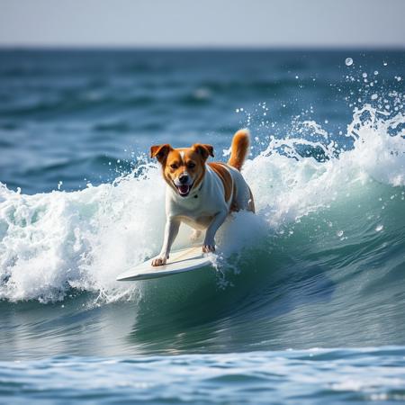 Surfing dog. dynamic angle. splash. grate wave. ultra detailed.