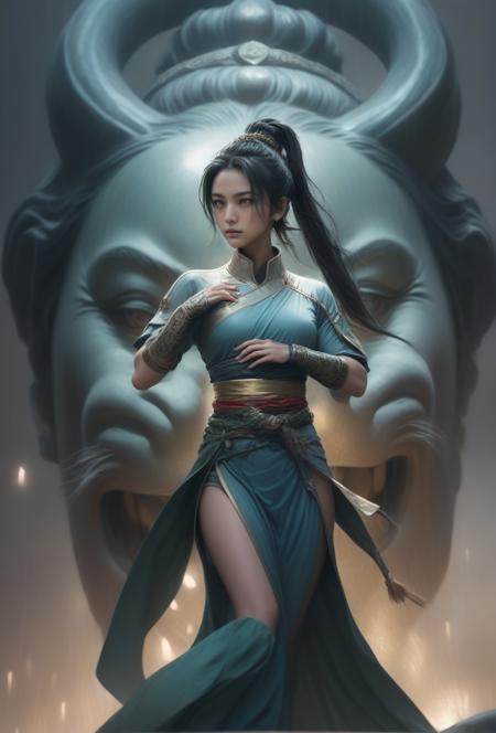 ethereal fantasy concept art of  <lora:fightdress_SDXL_reg_:1>,1girl,25yo,fighting,the background is a huge buddha statue and pagoda,cannot fail,black hair,hair bun,<lora:tangwei_SDXL_1_:1>,blush,sweat,Tsundere,in pouring rain, . magnificent, celestial, ethereal, painterly, epic, majestic, magical, fantasy art, cover art, dreamy