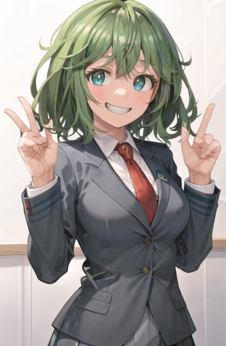 1girl,  <lora:hagakure_tooru:0.7> hagakure_tooru 1girl, solo, breasts, looking at viewer, smile, short hair, shirt, long sleeves, school uniform, jacket, white shirt, upper body, necktie, collared shirt, grin, v, aqua hair, parody, blazer, red necktie, yellow background, grey jacket, double v, u.a. school uniform