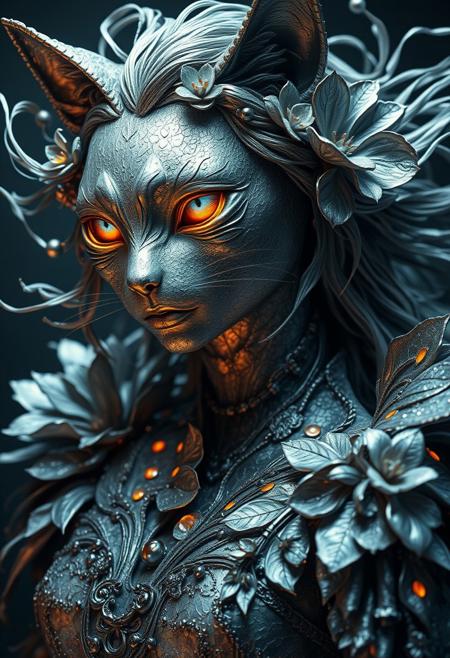 Silver statue of a cat woman, her skin composed of delicate, textured silver flakes, with chrome and glass flowers intricately woven into her hair, her eyes gleaming with a warm, bluish light, wearing a majestic, windy-blown ornate gown with tattered, silver petals, reminiscent of a dark, dystopian world, her face and shoulders illuminated by a soft, ambient glow, as if radiating an otherworldly energy, in the styles of Royo's dark, mystical realism, Artgerm's hyper-detailed, metallic sheen, and Lovecraft's eerie, atmospheric tension, with meticulous attention to intricate textures, dramatic shading, and a sense of haunting, ethereal beauty.