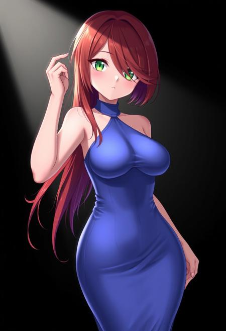 score_9,score_8_up,score_7_up,score_6_up,score_5_up,score_4_up, source_anime, digital art, female portrait, semi-realistic, 3D illustration, EyesHD, GLSHS, high-resolution, 1girl, jessica rabbit, red hair, hair over right eye, green eyes, large breasts, ruanyi0932, blue dress, halter dress, sleeveless,cowboy shot, taut dress, skin tight, long dress, looking at viewer, full body, BREAK black background, spotlight,