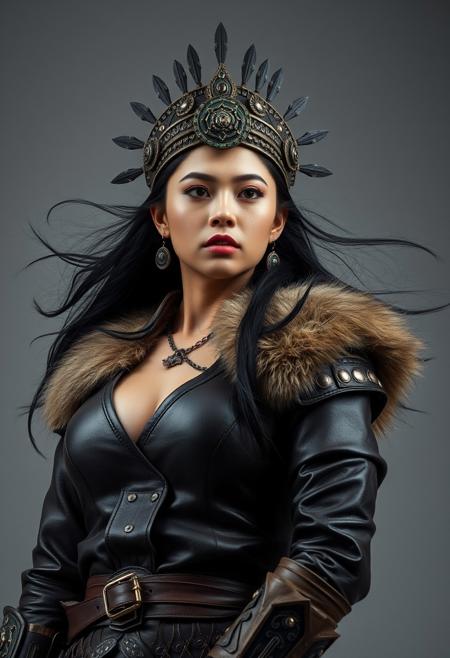 very low angle, mongolian princess, extremely beautiful, tribal crown, wind, epic heroic  pose, leather clothes, fur collar, grunge iron armour, perfect and natural breast,  masterful photography studio, grey background
