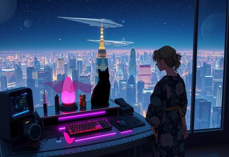 Jiji, the cat from Kiki's Delivery Service sits on a cluttered metal riveted desk with transparent top and rgb led computer components visible inside, On the desk are a maneki neko statue and a lava lamp, Jiji the Black Cat is looking out of a seamless and futuristic floor to ceiling window that looks out at a very high view from an apartment on the 400th floor of a futuristic Tokyo skyscraper, the year is 2250, The city has thousands of enormous wide and tall futuristic skyscrapers and space ships covered with lights in the sky, (((Kiki from Kiki's Delivery Service, 24 years old, is standing next to the cat looking out at the enormous city at night, filled with buildings of many shapes and sizes, some over a mile tall))), Kiki is dressed in an ornate Japanese style bath robe. An enormous deco starship with futuristic lighting and design is visible high above the city, and a space station is visible in the background among the stars, The woman's hair is messy from just waking up and tied up with a ribbon. Artistic cyberpunk, dynamic perspective, The focus is on Jiji and Kiki standing together looking out the window at the view together, (((overall architectural aesthetic is Art Deco Cyberpunk))).  Mt Fuji can be seen in the far distance,