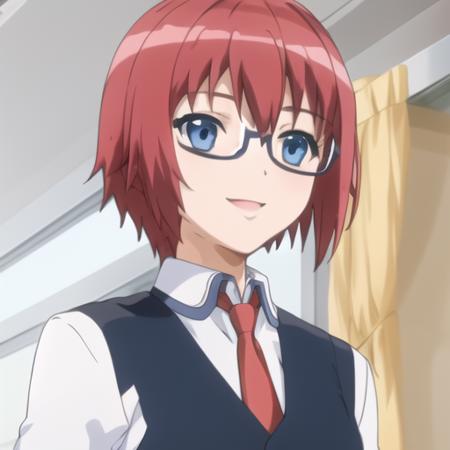 (masterpiece, best quality:1.2),illustration,8k,hd,1girl,solo,smile,short_hair,blue_eyes,school_uniform,red_hair,necktie,glasses,semi-rimless_eyewear,under-rim_eyewear,wristwatch,black_pants,black_vest,school_uniform,short_sleeves,<lora:Misaki Raika:1>,