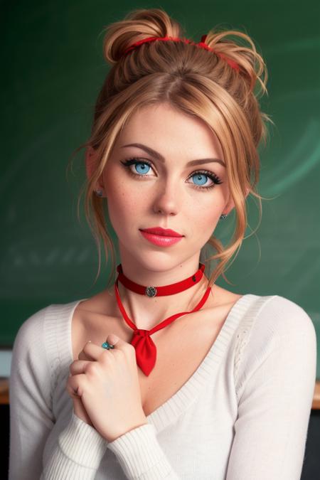 photo of a woman, diorab:0.99, ((reddish blonde hair, hair up, hair in bun):1.2),((choker, necktie, turtleneck sweater, fully clothed, covered up):1.2),  ((closeup, portrait)),((chalkboard, classroom):1.3),((red lipstick,heavy eyeliner, heavy eye shadow, blush):1.2),  ((best quality, masterpiece, extreme details, high resolution):1.2),((detailed eyes, beautiful eyes, detailed face, beautiful face):1.2),