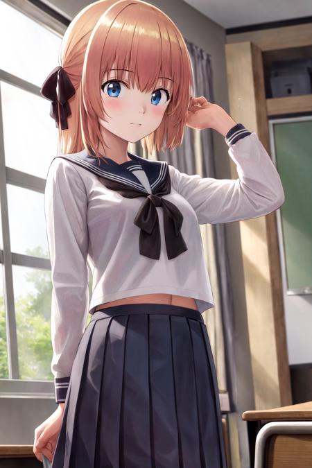 masterpiece, best quality, highres, 1girl hair ribbon <lora:lysia_plaid_no_outfit:1> serafuku, school uniform, pleated skirt