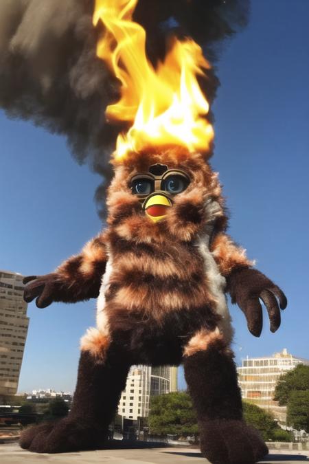 giant furby in city, furby, giant furby, godziller, fire, white fur, city, blue sky, epic,  <lora:Furby_SD_V1:0.8>