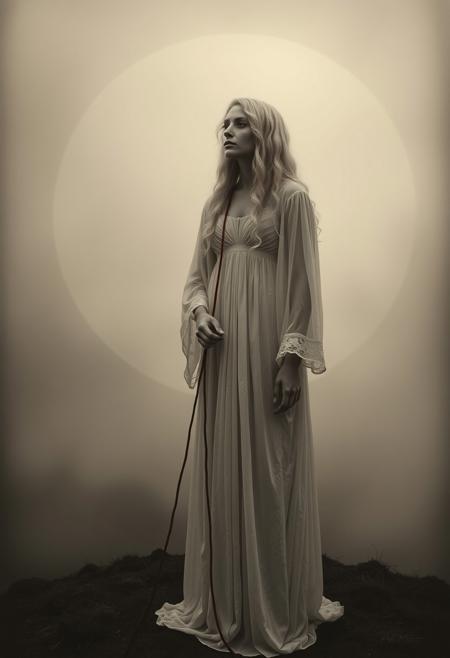Symmetrical composition, full shot of Ariadna ((blond wavy long hair)) and the red thread, standing pose, white transparent robe, greek mythology, grotesque environment, extremely beautiful, sepia black and white, foggy and misty perfect big circle at the background, by Joel Peter Witkin, photography style, low contrast