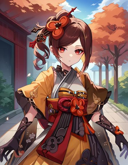 chiori, brown hair, hair ornament, red eyes, flower, hair flower, gloves, japanese clothes, sash, obi,