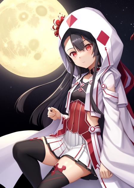 <lora:Koori_Chikage-10:1>,Koori_Chikage, 1girl, solo, long hair, black hair, red eyes, very long hair,flower,thighhighs,flower,White pleated skirt,White japanese clothes, black thighhighs, wide sleeves,hood, night, moon, red flower,