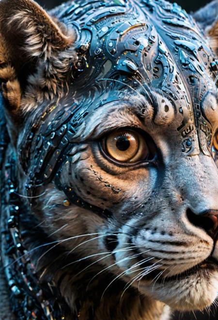 by Wim Wenders, futuristic-futuristic, (black cougar, extreme closeup from the eye area, side view but beautiful:1.4), (intricate details, masterpiece, best quality:1.4) , in the style of nicola samori,
hasselblad x2D 100c, ISO 300, 1/250s, F/2,8, 38 mm, extremely high quality RAW photograph, intricate, Exquisite details and textures, highly detailed, ultra detailed photograph, warm lighting, 4k, sharp focus, high resolution, detailed skin, detailed eyes, 8k uhd, dslr, high quality, film grain, Fujifilm XT3
looking at viewer
<lora:epi_noiseoffset2:0.5> <lora:add-detail-xl:2> <lora:xl_more_art-full_v1:0.5>  <lora:NicolaSamori:0.7>
