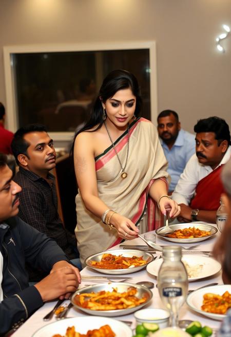 Busy desi woman wearing saree without blouse, serving food to multiple Indian men at dining table, leaning forward, saggy boobs, big boobs, dark nipples, woman looks like Kareena Kapoor