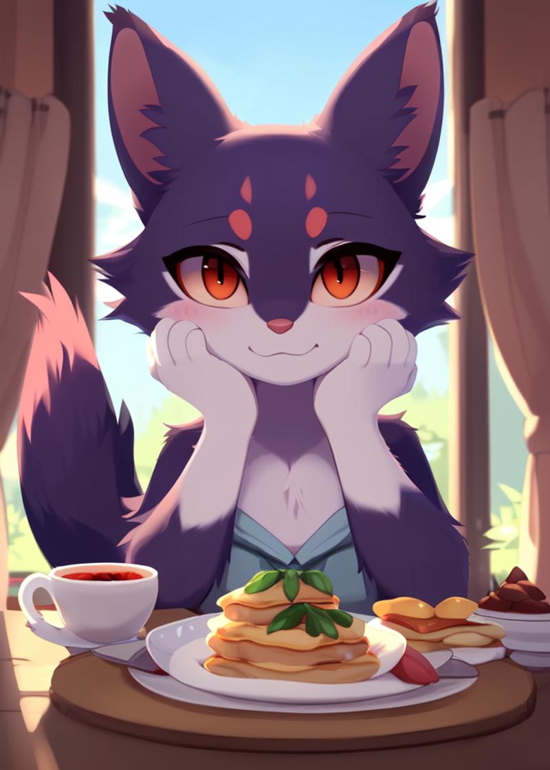 A cute cartoon cat sitting at a table with a plate of food, two cups of coffee, and a spoon.
