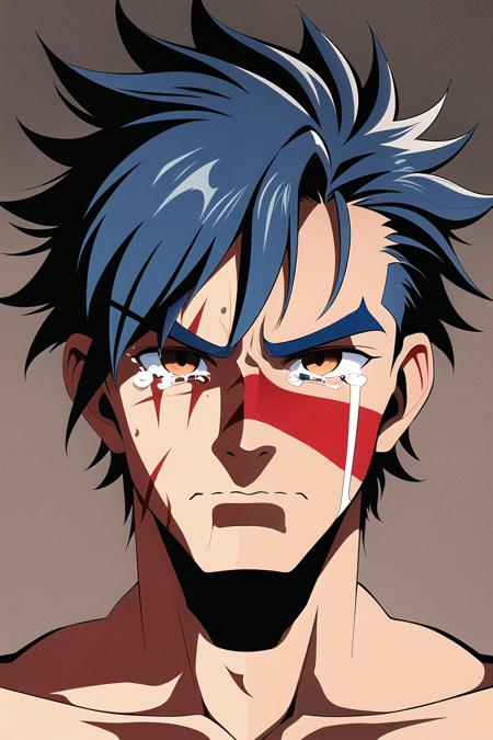 1990s \(style\),

1boy, bangs, blue hair, brown eyes, closed mouth, cross scar, crying, dirty, dirty face, film grain, hair between eyes, looking at viewer, male focus, portrait, retro artstyle, scar, scar on cheek, scar on face, serious, solo, spiked hair, tears, v-shaped eyebrows

<lora:1990s:0.6>