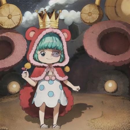 sugarop, bear costume, close up, crown, (chibi:1.3), cute,  outdoors, full body, (masterpiece, best quality, high quality), happy, smile, 1girl, crown<lora:SugarOP:0.8>