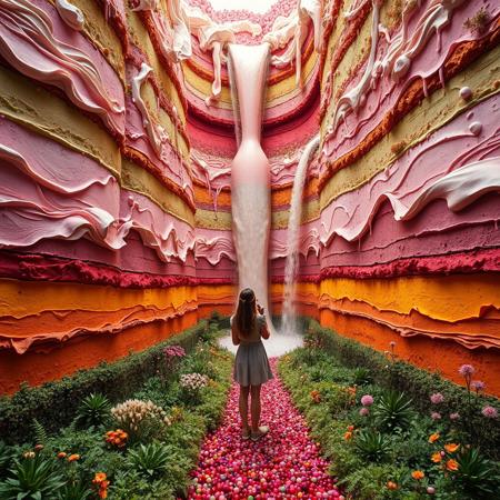 at the bottom of the multi color cake valley. The valley is made from cake and melting cream. between towering, huge cake and huge topping cream. canyon of giant layered cake. plants made of sparkling candies. pebbles of candy spread along the path. Waterfall of wine flowing out of giant bottle. a woman approaching wall of cake and tasting. a woman facing toward viewer.
