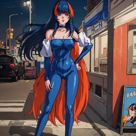 Aisha, 1girl, solo, long hair,blue hair,blue eyes,bare shoulders,detached sleeves,choker, streaked hair,blue bodysuit,lipstick,red lips,blunt bangs