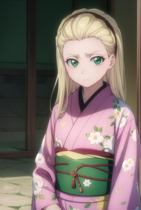 rurichiyokasumioji, <lora:rurichiyokasumioji-lora-nochekaiser:1>, 
rurichiyo kasumioji, long hair, blonde hair, (green eyes:1.5), hairband, hair pulled back, forehead,
BREAK japanese clothes, kimono, sash, obi, floral print, pink kimono,
BREAK outdoors, shrine,
BREAK looking at viewer, (cowboy shot:1.5),
BREAK <lyco:GoodHands-beta2:1>, (masterpiece:1.2), best quality, high resolution, unity 8k wallpaper, (illustration:0.8), (beautiful detailed eyes:1.6), extremely detailed face, perfect lighting, extremely detailed CG, (perfect hands, perfect anatomy),