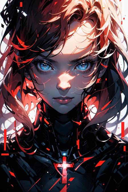 bj_Fault art,Black Widow,solo,(full body:1.2),blue eyes,glowing,animification,
cinematic lighting,strong contrast,high level of detail,Best quality,masterpiece,White background,<lora:Fault_art:0.7>,