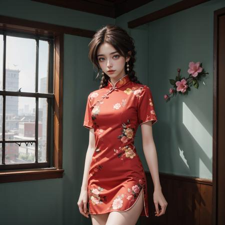 <lora:ChinaDressStyle1_Remake:0.8>, 1girl, (red short china dress, thighs), short sleeves, (floral print, birds print), (dynamic pose), looking at viewer, long hair, (twin braids), upper body, standing, (cowboy shot),(masterpiece, high quality, best quality), (colorful),(delicate eyes and face), volumatic light, ray tracing, extremely detailed CG unity 8k wallpaper,solo, ((flying petal)), indoors