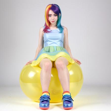 female, girl, (blue dress, rainbow dress, blue shoes:1.25), rainbow hair, rainbow dash, (sitting on a translucent yellow balloon:1.15), human, cosplay, friendly, cute, (yellow balloon:1.25), photo, glamour photography