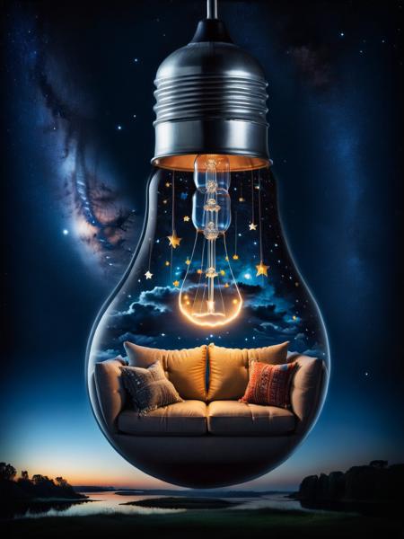 ais-bulbz, a cozy sofa inside the bulb, night sky outside the bulb <lora:Inside_A_Bulb_SDXL:0.7>