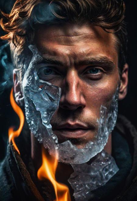 handsome man, half his face covered in ice and half his face covered in fire, cinematic lighting, runes, magic, mythology