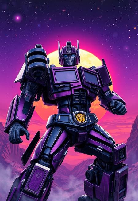 Purple and black Optimus Prime action photograph with a purple sky, cosmic stars, an orange and blue synthwave sun background. Slightly turned. Damascus steel. Ultra-detailed. Hyper-realistic.
