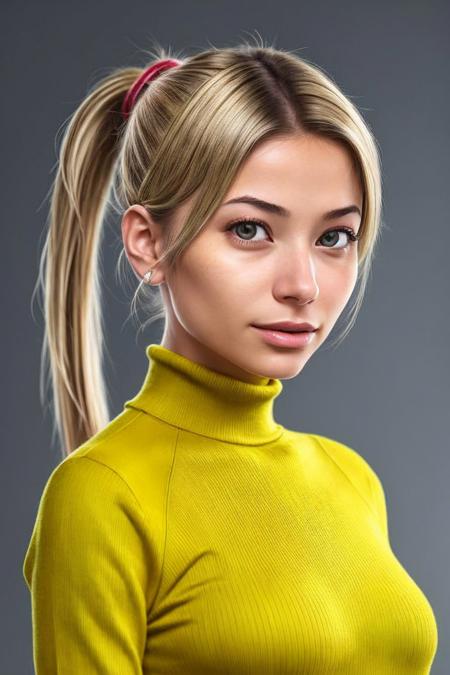 (crypto art style, digital, vibrant, blockchain, detailed:1.2) headshot <lora:FranceskaFournier_v1:.9> FranceskaFournier, focus on face, wearing a turtleneck , her hair is styled as twisted ponytail hair,